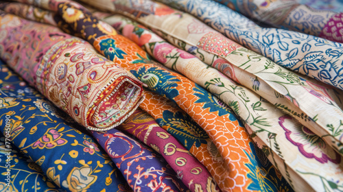 This image features a close-up look at a collection of fabric rolls with diverse and colorful patterns, representing cultural art