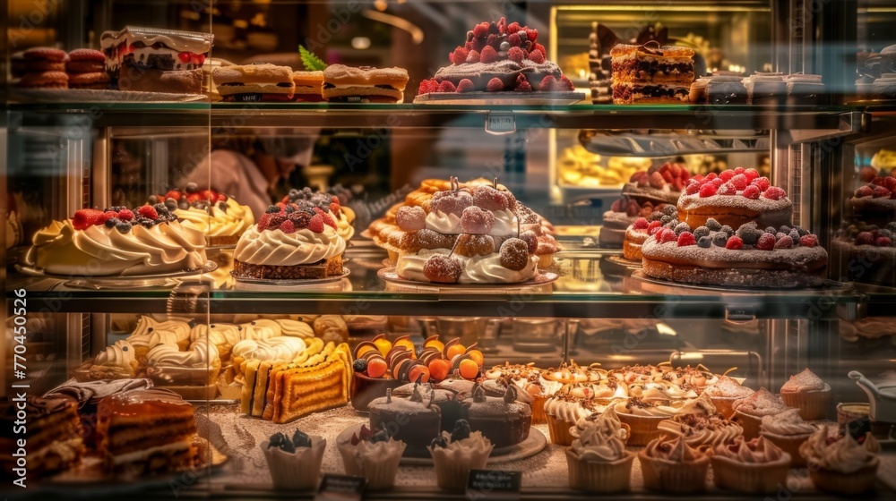 Sweet pastries with berries. Showcase in a candy store. Glass stand with cake eclairs and tartlets. refrigerator shelves with sweets. Confectioner's work space. - obrazy, fototapety, plakaty 