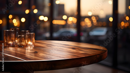 rustic wooden table with blurred background in an office or hotel