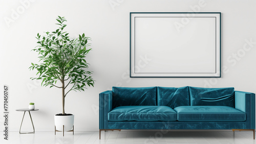 Minimalist interior design of a modern living room with a blue sofa and empty frame on a white wall mockup