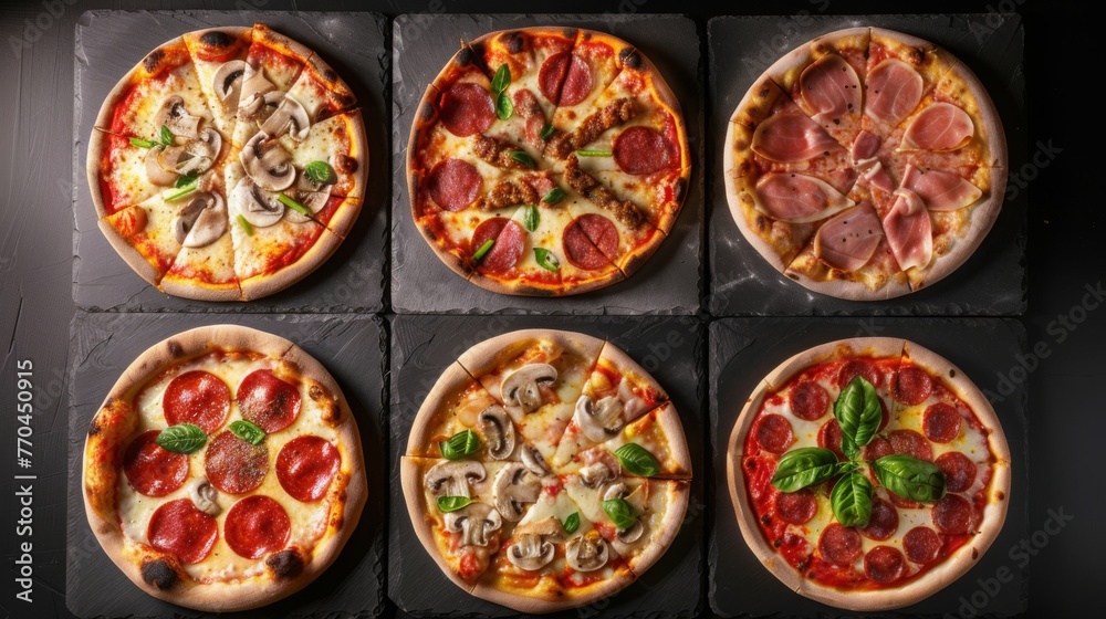 Top view A set of six different delicious fresh pizzas with pepperoni, cheese, chicken and mushrooms, bacon on a black stone background. Italian food, Cafe and restaurant, pizzeria concepts. Top view A set of six different delicious fresh pizzas with pepperoni, cheese, chicken and mushrooms, bacon on a black stone background. Italian food, Cafe and restaurant, pizzeria concepts.