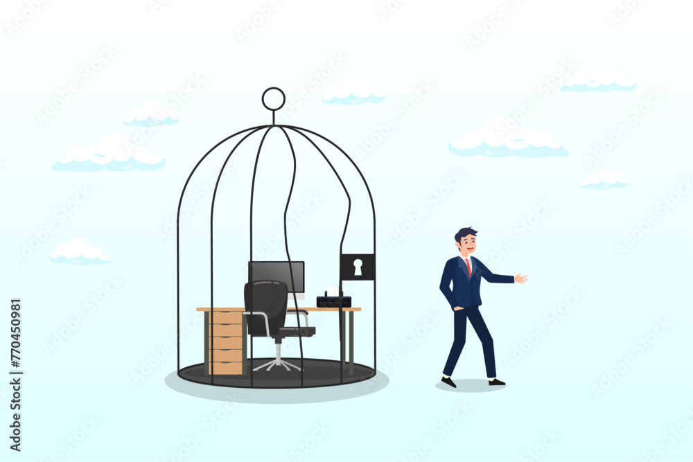 Confidence businessman break free from toxic working desk bird cage, break free, quit exhausted day job to start new business, escape for freedom, resign from toxic workplace or retirement (Vector) - obrazy, fototapety, plakaty 