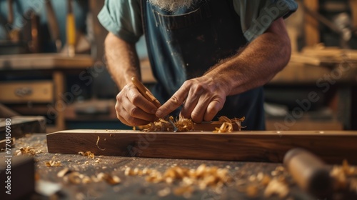 Craftsman hands carving wood with precision in a dusty workshop. © Artsaba Family