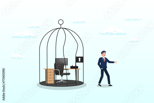 Confidence businessman break free from toxic working desk bird cage, break free, quit exhausted day job to start new business, escape for freedom, resign from toxic workplace or retirement (Vector)