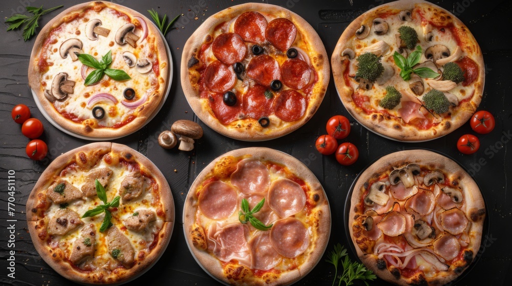 Top view A set of six different delicious fresh pizzas with pepperoni, cheese, chicken and mushrooms, bacon on a black stone background. Italian food, Cafe and restaurant, pizzeria concepts.