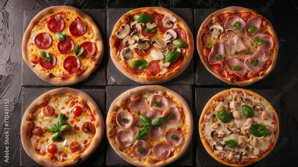 Top view A set of six different delicious fresh pizzas with pepperoni, cheese, chicken and mushrooms, bacon on a black stone background. Italian food, Cafe and restaurant, pizzeria concepts.