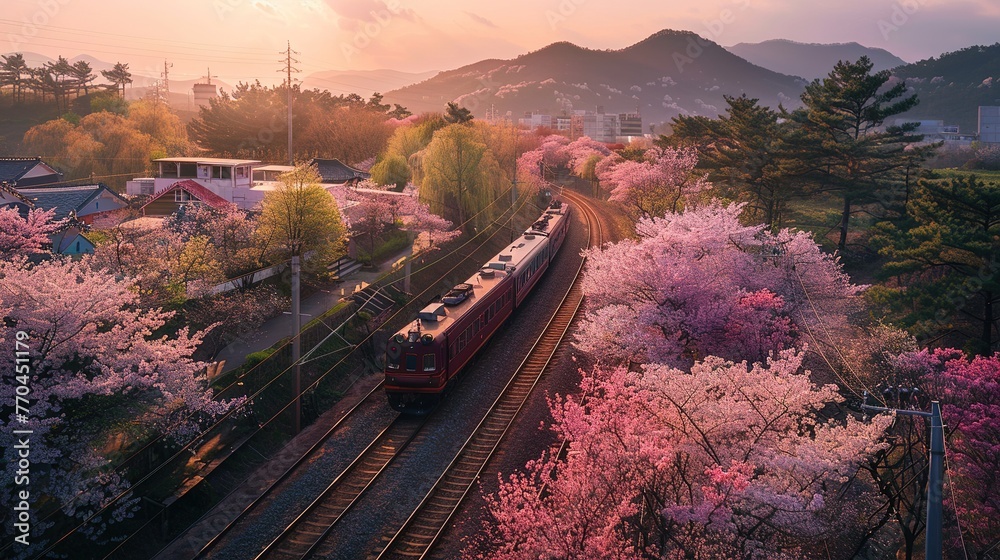 Cherry blossom with train in spring in Korea is the popular cherry blossom viewing spot, jinhae South Korea. - obrazy, fototapety, plakaty 