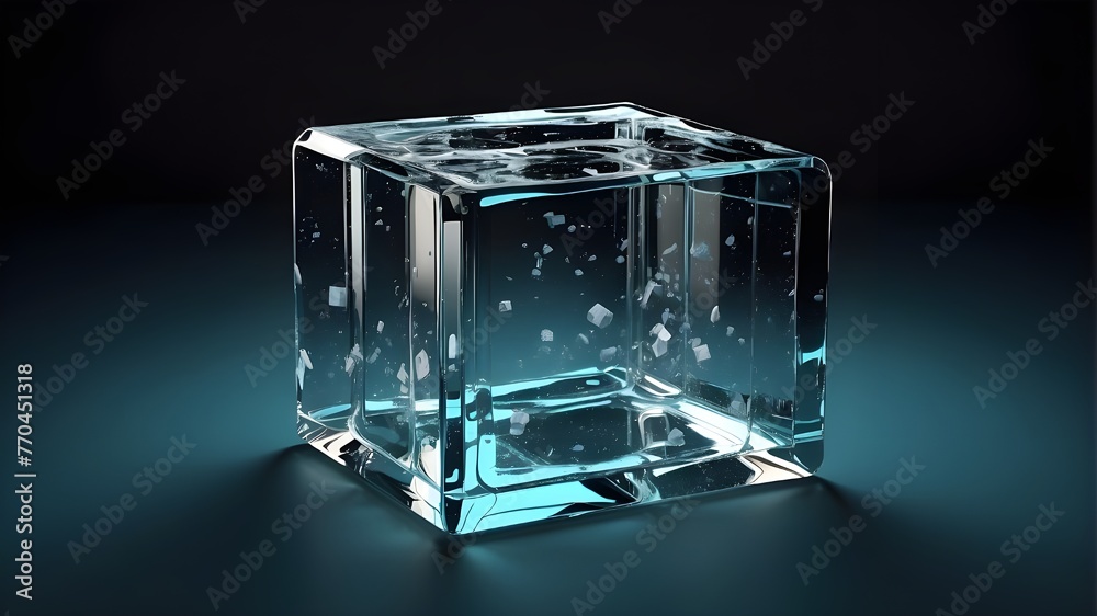 Glass cube in an abstract 3D render against a dark background Glass cube in an abstract 3D render against a dark background