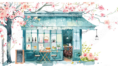 Watercolor Spring Cafe Flat vector isolated on white