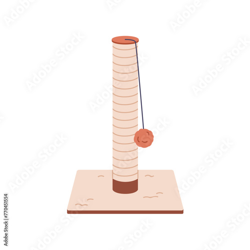 Scratching post, tower for cat. Feline scratcher for claws, nails sharpening. Kitty pole from natural jute, stand with ball toy. Flat graphic vector illustration isolated on white background