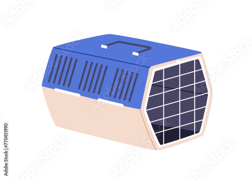Cat carrier. Pet case, travel cage for transportation. Feline animal box, empty carrying container for transport, trip. Flat graphic vector illustration isolated on white background