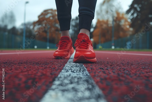 Runner feet with red sport shoe on running track, closeup 