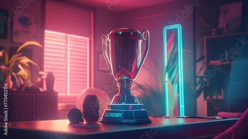 the trophy sits on a table in the middle of a room with neon lights photo