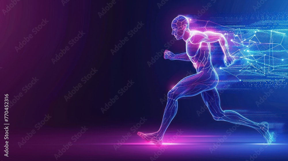 Runner athlete with wireframe colorful neon line background Runner athlete with wireframe colorful neon line background