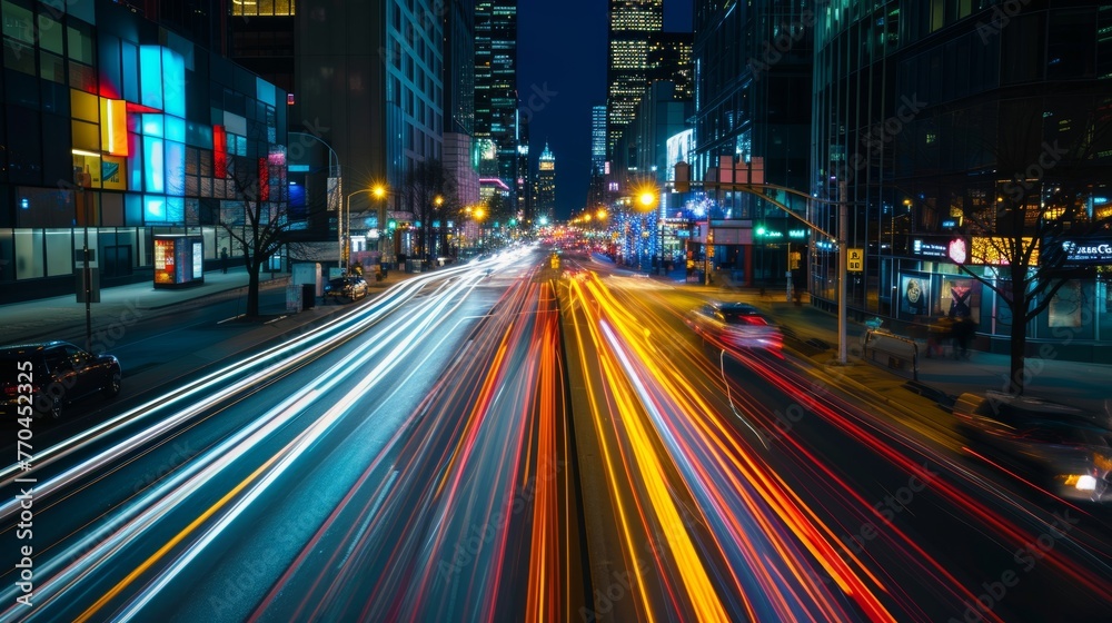 The night city comes alive with vibrant light trails, capturing the dynamic urban motion.
