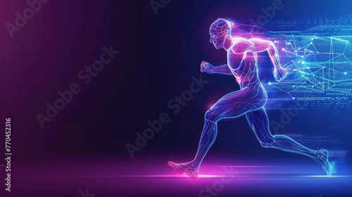 Runner athlete with wireframe colorful neon line background © artbot