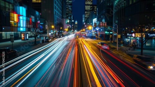 The night city comes alive with vibrant light trails, capturing the dynamic urban motion.