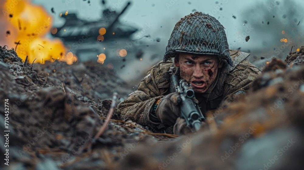 A soldier with a machine gun in a trench in a combat position during a combat mission