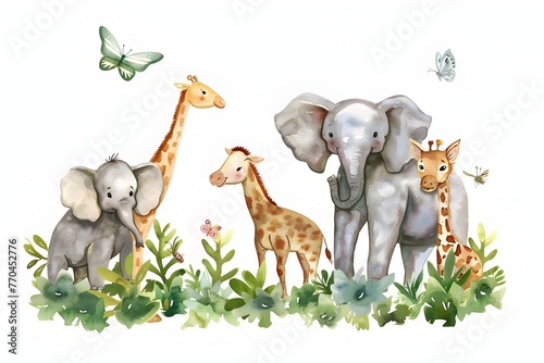Charming Watercolor Safari Animal with Butterflies and Flowers