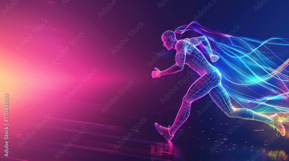 Runner athlete with wireframe colorful neon line background