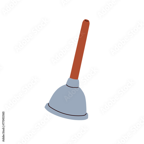 Plunger, pumping plumbing tool for toilet and sink unclog. Cleaning draining cup on pole, stick. Clog suction, sanitary appliance. Flat graphic vector illustration isolated on white background