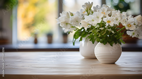 white wooden table for decoration at kitchen with potted plants and some cut flowers