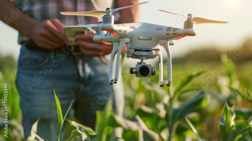 A close-up of a farmer using a drone to inspect crops