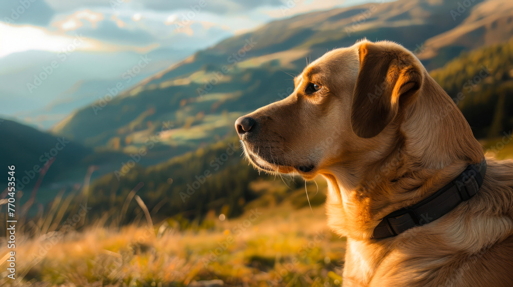 Obraz premium A contemplative dog gazes into the distance with a backdrop of luminous golden hour and mountainous landscape