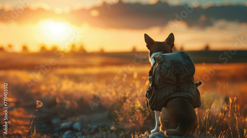 A German Shepherd wearing a backpack watches the sunrise in a picturesque open field, symbolizing freedom