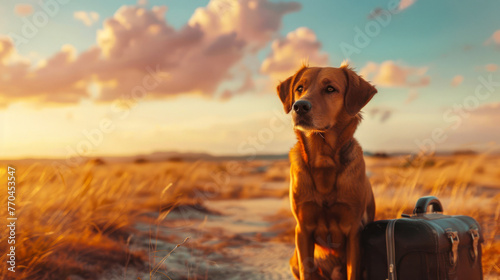 An unaccompanied dog with a suitcase standing in a field during a captivating sunset evokes wanderlust and solitude
