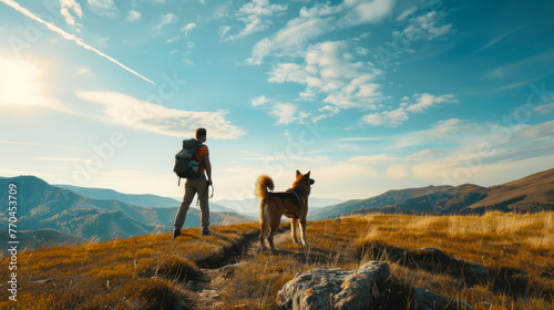 A hiker with a backpack and his loyal dog stand on a mountain trail, gazing at the stunning view of peaks and valleys