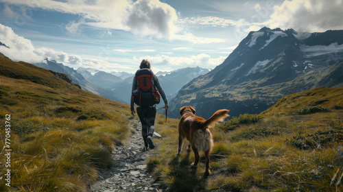 An adventurous woman and her golden retriever hike on a serene mountain path moving towards a distant peak © Fxquadro