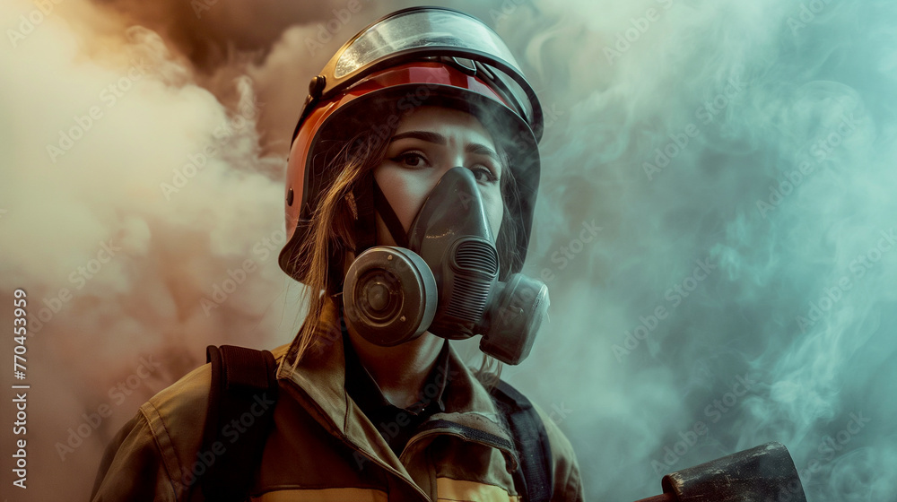 Female firefighter portrait wearing full equipment, emergency rescue equipment, and oxygen mask on smoke background. - obrazy, fototapety, plakaty 