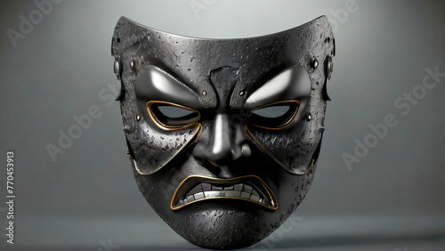 Black angry theatre mask on black background photo