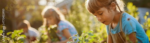 Children learning to compost in a school garden, environmental education, bright watercolors, side view, engaged faces in soft morning light photo