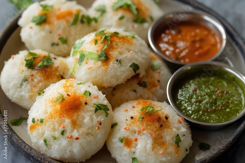 South Indian food Idly or Idli with green, red chutney photo