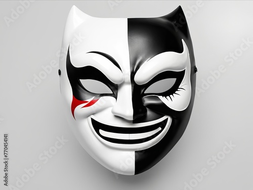 Black and white smirk theatre mask on white background photo