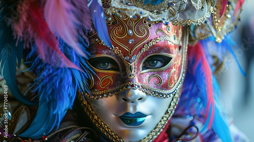 An ornate Venetian carnival mask fills the frame with vibrant colors and gold accents © road to millionaire