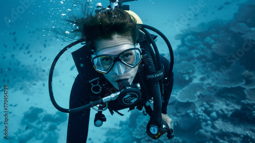 Female diver in the underwater sea © EmmaStock