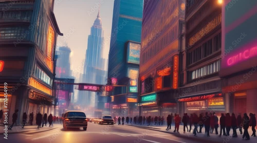 animation, motion effect,  City street scene with business lights, 60 fps 8 sec,