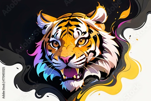 Vivid Tiger Roar Illustration.
A powerful tiger roaring amidst vibrant abstract elements, perfect for dynamic art and wildlife themes. photo