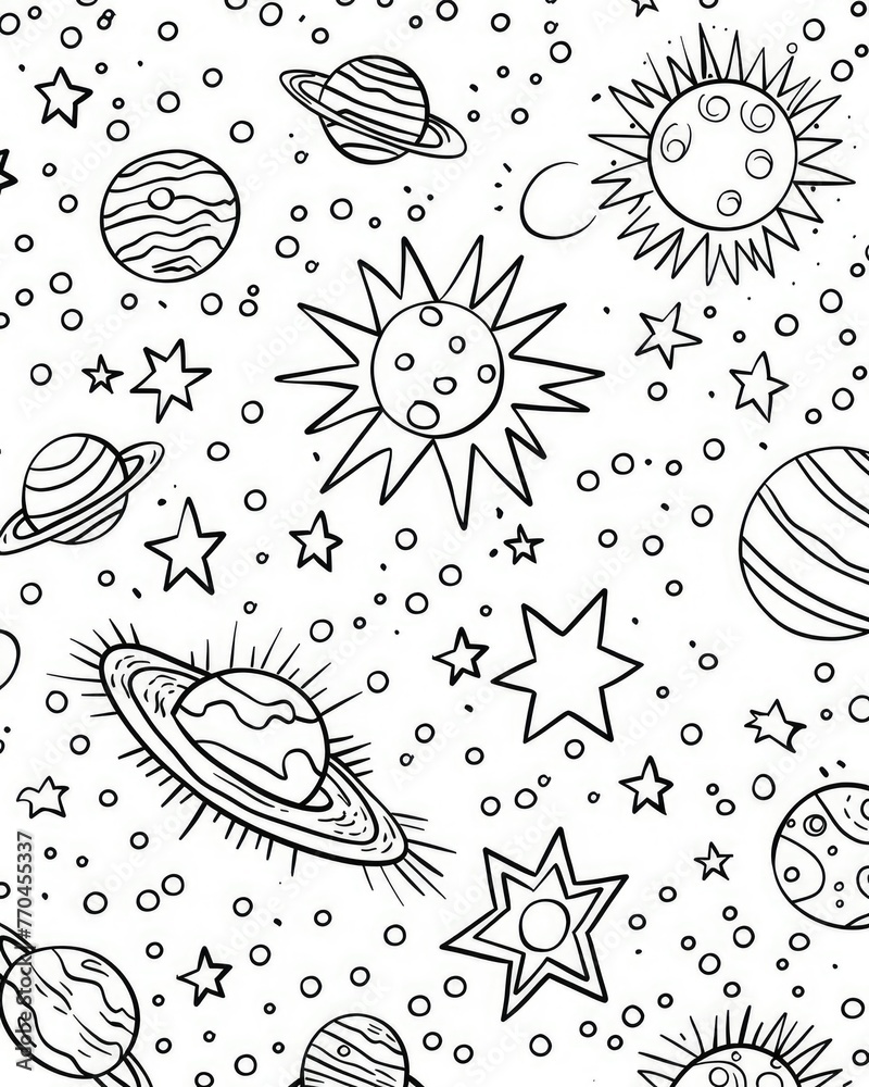 A simple coloring book page featuring a cosmic journey through space, featuringplanets, stars, and nebulas. A simple coloring book page featuring a cosmic journey through space, featuringplanets, stars, and nebulas.