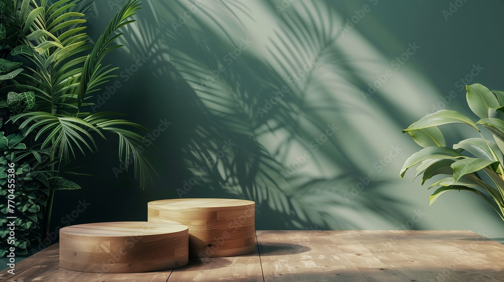 Fototapeta premium A simple round wooden podium with a soft green background, two plants on the left and right sides, minimal style, product display mock up for cosmetic products