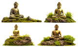Set of golden buddha statues on mossy rocks, cut out