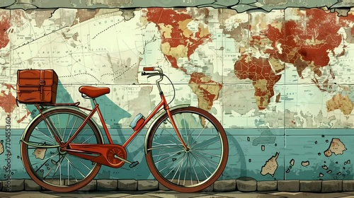 Retro bicycle against wall adorned with travel maps. Vintage old timey effects looping 4k video animation background photo