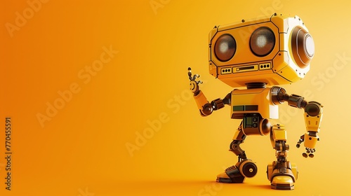 yellow android robot pointing fingers at copy space on color background