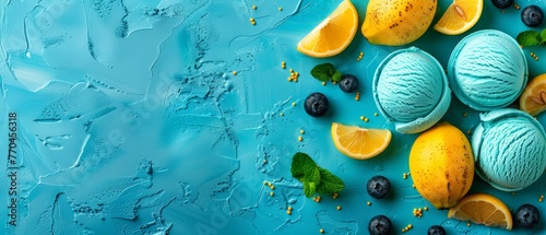  A trio of lemons, blueberries, and mints on a blue canvas with a water splash