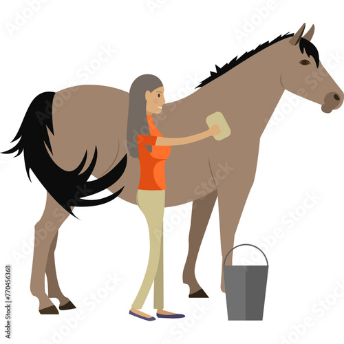 Woman cleaning horse vector icon isolated on white