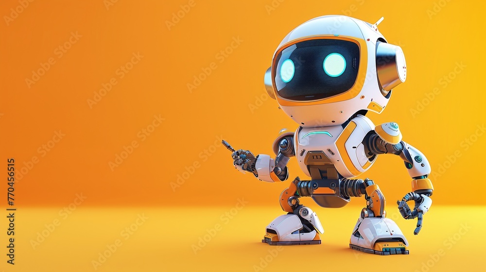 cute android robot pointing fingers at copy space on color background cute android robot pointing fingers at copy space on color background