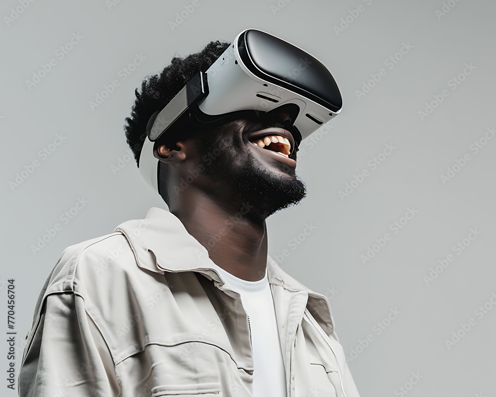 Excitement radiates from a black man as he wears a VR headset, experiencing the sensation of virtual reality. Generative ai Excitement radiates from a black man as he wears a VR headset, experiencing the sensation of virtual reality. Generative ai